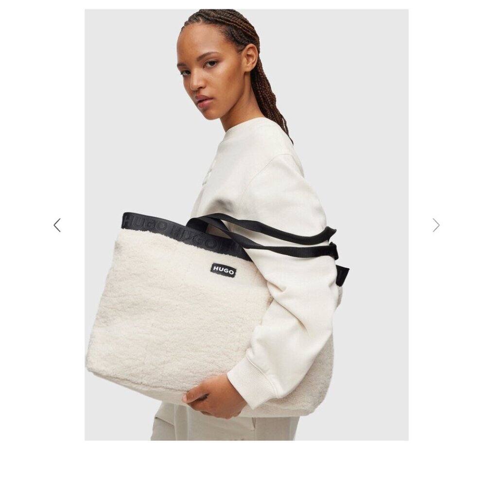 Hugo Becky Sherpa Large Tote Bag Shopper Ivory Black Travel Minimalist Vacation